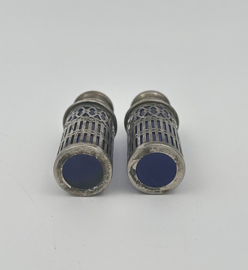 Antique Cobalt Blue Glass Salt Pepper Shakers Pierced Silver Overlay Set